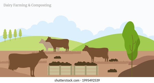 Vector Illustration With Rural Landscape, Cows And Agriculture Stores, Farming, Livestock, Dairy Farm Or Farming Design Elements.