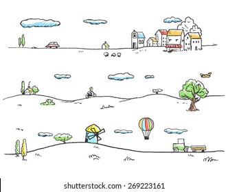 Vector illustration of rural landscape. Doodles hand-drawn style.