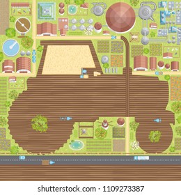 Vector illustration. Rural landscape with a farm. Top view. The field in the form of a tractor. Fields, houses, buildings, roads, trees, bushes. View from above. 