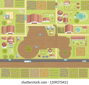 Vector illustration. Rural landscape with a farm. Top view. The field in the form of a tractor. Fields, houses, buildings, roads, trees, bushes. View from above. 