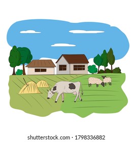Vector illustration of a rural landscape, a farm with a cow and sheep.