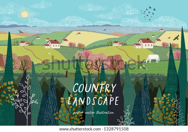 家 ペット 木 草を持つ田舎の風景や農場のベクターイラスト 村の晴れた夏の日のフリーハンド画 のベクター画像素材 ロイヤリティフリー 1328791508
