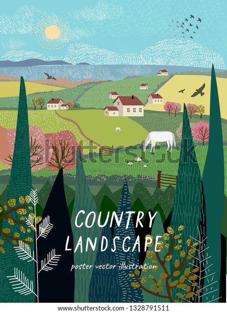 家 ペット 木 草を持つ田舎の風景や農場のベクターイラスト 村の晴れた夏の日のフリーハンド画 のベクター画像素材 ロイヤリティフリー