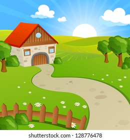Vector Illustration of a Rural Landscape with Fields and Hills