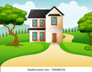 Vector illustration of Rural landscape with green meadow and house