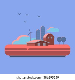  Vector illustration rural landscape. Rural landscape with hill, farm. Rural life. Rural lifestyle. Rural landscape with rural buildings, farm. Sunset and countryside. Sunset and rural landscape.