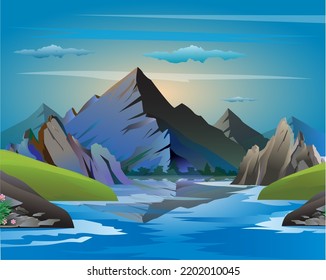 Vector illustration of rural landscape, houses along the canal.