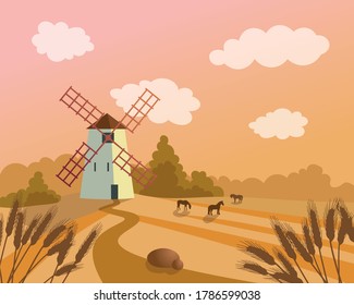 Vector illustration of a rural landscape, mill, walking horses