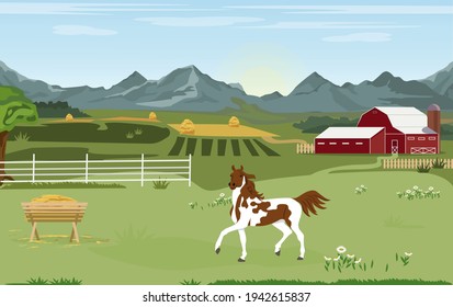 Vector illustration. Rural landscape panorama. A horse stands behind a wooden fence in a pasture with a farm, fields and mountains in the distance.