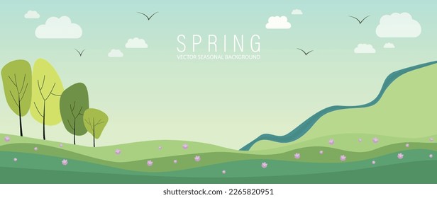 Vector illustration. Rural landscape. Spring season banner. A beautiful view of the field, flowers, trees, mountain, river, clouds and birds. A natural background that will decorate your covers.