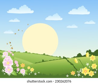 Vector illustration of a rural landscape in spring time with daffodils bees and patchwork fields under a blue sky with a big sun and fluffy clouds