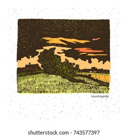 vector illustration of rural landscape with sunset