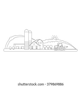 Vector illustration of a rural landscape thin outline. Linear icon of the rural landscape with tractor, houses, hills. Vector rural illustration in linear style