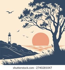 Vector illustration of a rural landscape with a tree and birds at sunset over mountains and desert under an orange sky with clouds