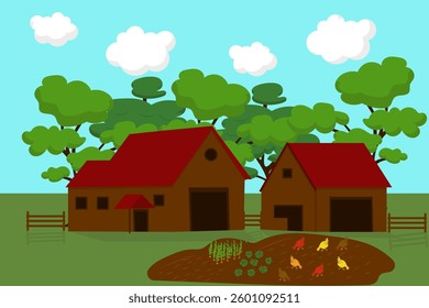 Vector illustration of rural landscape working in the garden. Cartoon garden scene with cabbage, carrots, chickens, trees, farm. Farm.