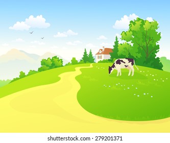 Vector illustration of a rural scene with a cow