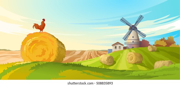 Vector illustration rural summer landscape