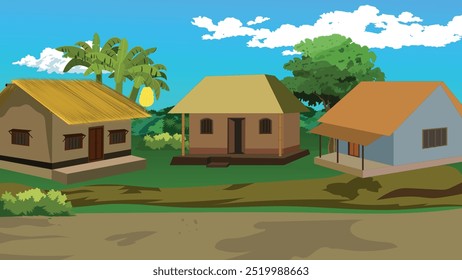 Ilustração vetorial do complexo rural Village House com cabanas e casas de campo em uma estrada rural cercada por árvores, arbustos e céu azul nublado