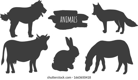 Vector illustration of rural and wild animals silhouettes set. Wolf, fox, cow, horse, rabbit. Vintage hand drawn style.