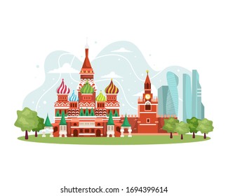 Vector illustration Russia landmark. Russia skyline, Landmark Kremlin palace, St. Isaac's Cathedral illustration. Famous Russia travel places and explore travel landmarks. Vector in flat style