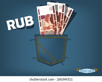 vector illustration of russia ruble in the pocket of blue jeans