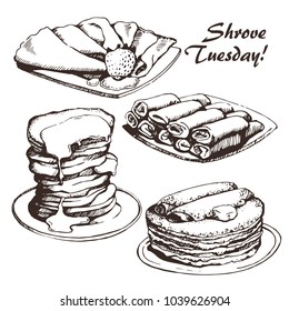 Dibujo vectorial del blini ruso, dibujo a mano. Tarjeta Shrovetide Maslenitsa