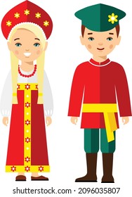  Vector illustration of russian children, boy, girl, people.
Set of  russian woman and man  dressed in national costumes.