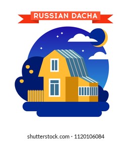 Vector illustration of russian dacha house in flat style with fence and garden