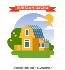 Vector Illustration Of Russian Dacha House In Flat Style With Fence And Garden