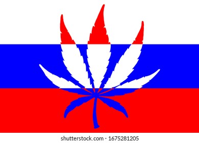  Ilustración vectorial. Bandera rusa con hojas de cannabis. Legalización.Marihuana.