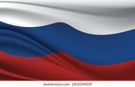 Ilustração vetorial da bandeira russa, apresentando listras horizontais estilizadas de branco, azul e vermelho. A bandeira flutua em um padrão ondulado. Adequado para materiais educacionais e projetos temáticos.
