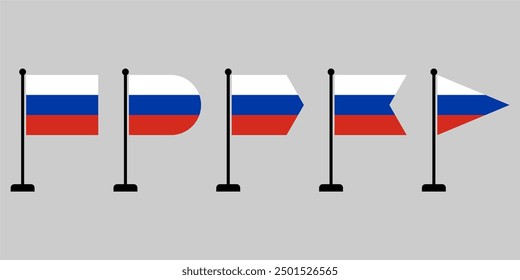 Vector illustration of a Russian flag flying on a pole. Flat solid color cartoon with various shapes. Isolated with editable and scalable eps File. Wavy flag icon.