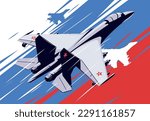 Vector illustration of a Russian military fighter in flight in the sky, against the background of an active Russian flag, eps10