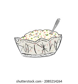 Vector illustration of Russian salad. Image of russian traditional new year s dish Olivier salad.