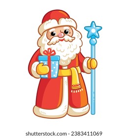 Vector illustration with Russian Santa Claus in traditional winter clothes with gift and magic staff. Father Frost in cartoon style on a white background.