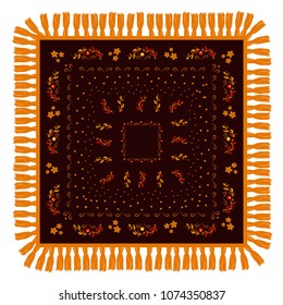 Vector illustration of russian shawl, decorated with gold and red pattern, framed by fringe. Isolated on white background.