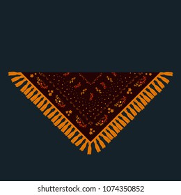 Vector illustration of russian shawl, decorated with gold and red pattern, framed by fringe. Isolated on dark background.