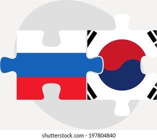 Vector illustration of Russian and South Korean Flags in puzzle isolated on white background