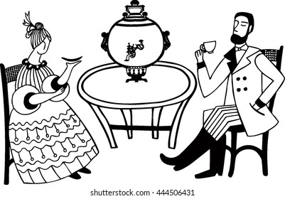 Vector illustration with russian tea-party. Isolated lady and gentleman and samovar. Nineteen century people. Retro card. Vintage cafe.
