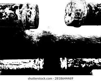 Vector illustration of rusted river bridge pipe fence with pipe caps over water background. High contrast industrial grunge stencil.