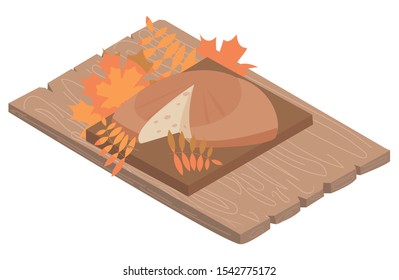 Vector illustration with rustic bread on table, in isometry, retro style, autumn background. Historical, rustic concept. Can use in postcards, invitations, posters, web design, any printing products.