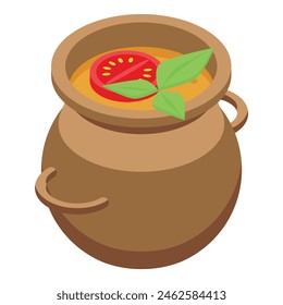 Vector illustration of a rustic clay pot filled with stew, garnished with a tomato slice and basil leaf