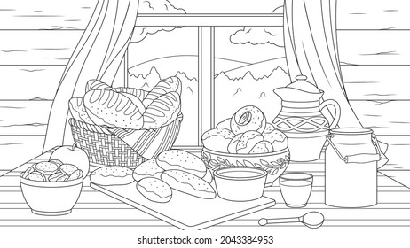 Vector illustration, rustic dining table by the window with homemade cakes, coloring book