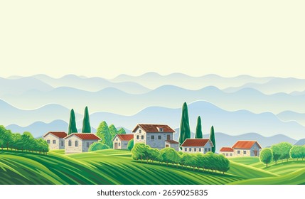 Ilustração vetorial, paisagem rústica com uma aldeia empoleirada no topo de uma colina, apresentando uma vista de montanhas e colinas no fundo.