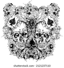 Vector illustration in rustic and scribbled strokes of composition with skulls, playing cards and flowers.