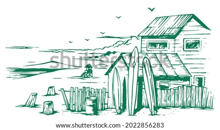 Vector illustration in rustic strokes of seaside landscape with house and surfboards.