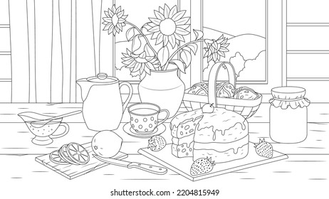 Ilustración vectorial, mesa rústica con dulces y pasteles, pastelería decorada con flores, libro de colores.