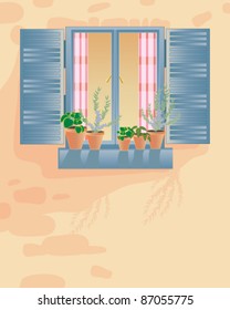 vector illustration of a rustic window set in an old stone wall with blue shutters checked curtains and pots of herbs in eps 10 format