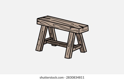 A vector illustration of a rustic wooden bench or sawhorse with a textured grain pattern, isolated on a light grey background.