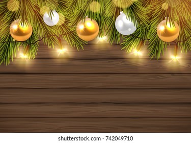 Vector Illustration. Rustic Wooden Board with Golden Color Christmas Lights and Baubles.Space For Your Text. Blank Background.